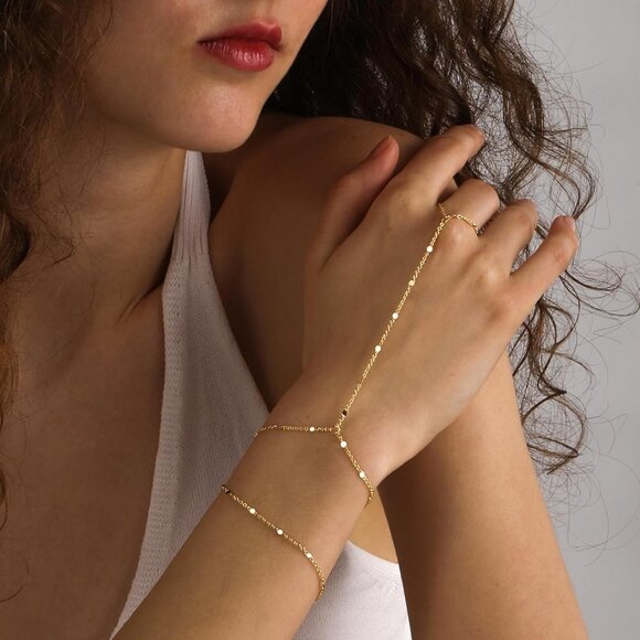 14K Dainty Gold Plated Stackable Link Chain Ring Bracelet Hand Chain for Women - Picture 2 of 7